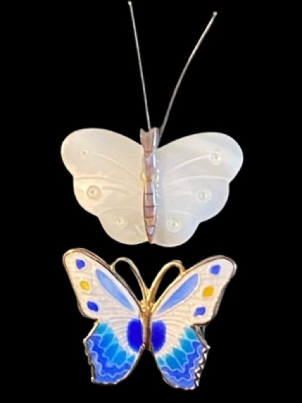 Vintage Set of 2 Butterfly Brooch Gold Metal & Enameled Mother-Of-Pearl